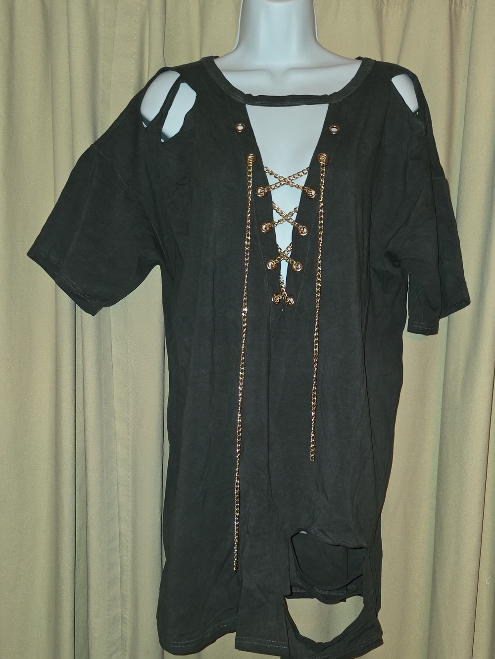 Black Cold-Shoulder Lace-Up Short Sleeve Tunic Tee with Gold Chain Trim